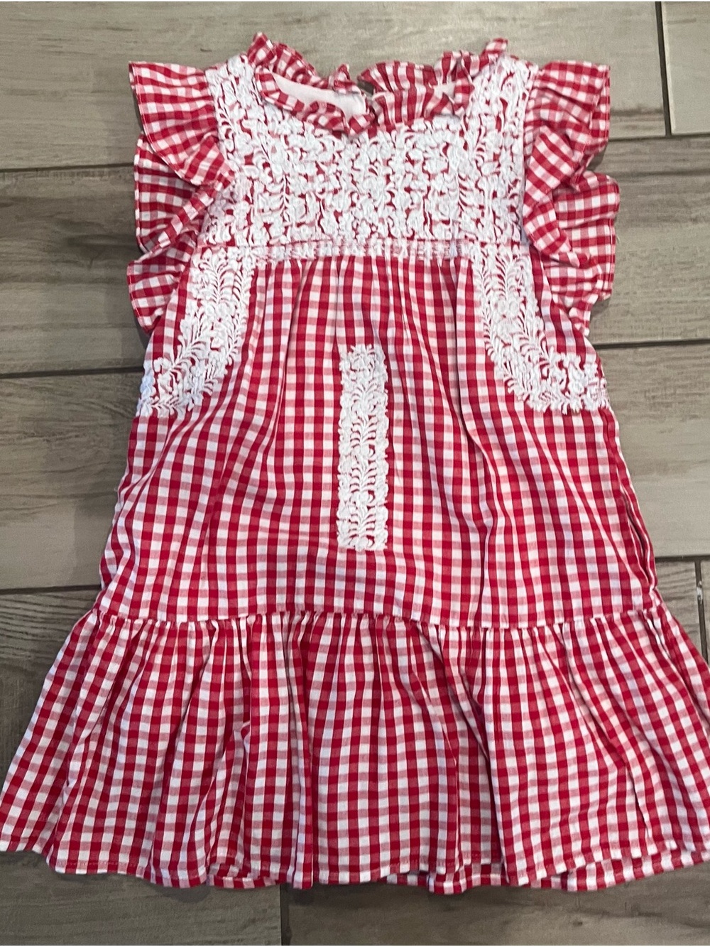 J. Marie 5T Red and White Gingham Dress with Lace Smocking